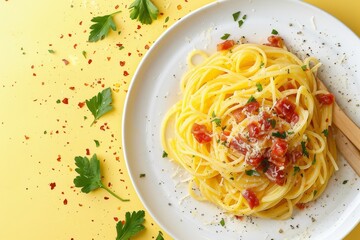 A Delectable Plate of Spaghetti Carbonara, Ready To Be Savored