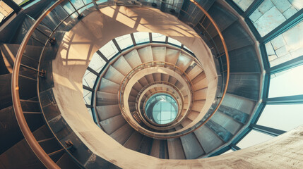 Fototapeta premium An upward spiral staircase with intriguing shadows and a glass dome, creating a mesmerizing architectural design.