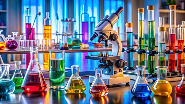 Scientific Research And Development In A Modern Laboratory Setting, With A Variety Of Lab Equipment And Colorful Chemicals.