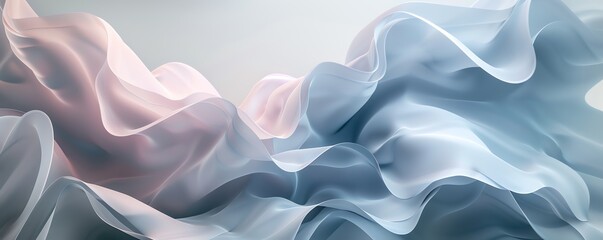 Fototapeta premium Abstract pastel waves of soft fabric in gentle pink and blue hues, flowing and creating a calming, serene atmosphere.