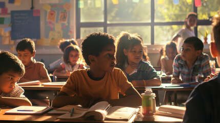 A group of children attentively engaging in a classroom setting, their curiosity piqued under the soft glow of sunlight streaming through the windows.