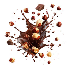 Hazelnuts and chocolate pieces flying in the air after an explosion isolated on transparent background.