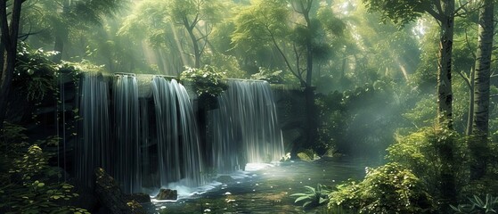 An enchanting forest scene with a cascading waterfall, viewed from a dramatic tilted angle, rendered in a dreamy, photorealistic digital painting,