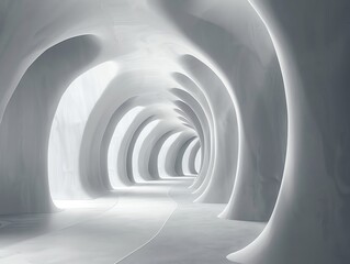 Obraz premium Futuristic white tunnel with smooth curves and soft lighting, creating a modern and minimalist architectural design.