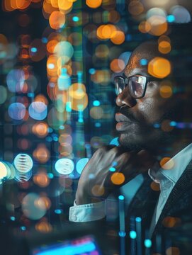 Data analyst examining a scatter plot, deep in thought