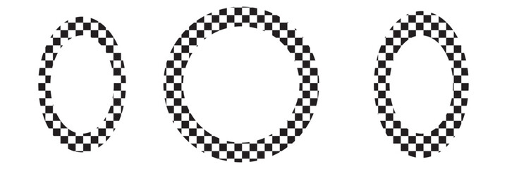 Oval, square and circle frames with checkered print. Elliptic, rectangular and round vignettes with checkerboard, rally flag or chess game pattern