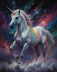 A dreamy pastel background of twinkling stars and colorful clouds. In the foreground, a majestic rhino leaps gracefully
