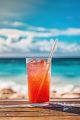 Obraz premium A vibrant low-ABV cocktail with ice and a straw, positioned on a wooden table overlooking a pristine beach and turquoise waves, capturing the essence of a tranquil summer day.