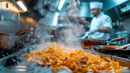 A wide-angle shot showcases a chef with pasta cooking on a stove in the midst of a bustling restaurant kitchen