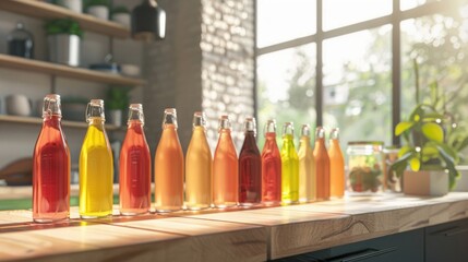 A vibrant collection of glass bottles filled with colorful beverages, neatly lined up on a wooden countertop in a sunlit kitchen with shelves and potted plants in the background.