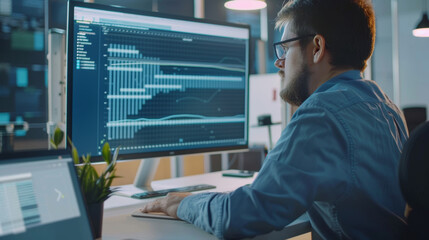 A professional in a modern, dimly-lit office, engaged in analyzing complex data on a large screen, with various graphs and charts on display.