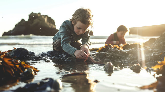 Children engrossed in exploring tide pools on a sunny beach, their focus and innocence captured against a backdrop of seaweed and rocks. - Powered by Adobe