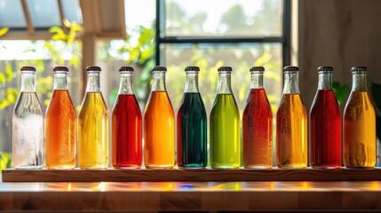 A selection of assorted colored beverages in glass bottles, displayed on a wooden surface in a modern kitchen, with sunlight streaming in through the windows, illuminating the bottles.