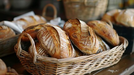 Another image of bread loaves in a wicker basket,