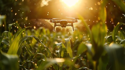 Drone with water jets spraying a mist over cornfield with sunrise in the background, depicting modern farming techniques