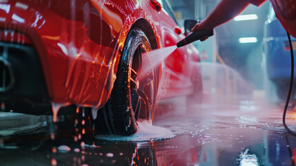 A red car being meticulously cleaned with a pressure washer in a car wash, capturing the gleaming water and soap suds.