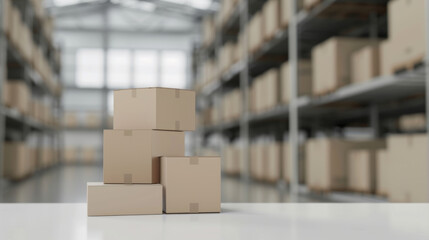 A stack of five uniform cardboard boxes is placed on a surface within a vast warehouse, indicating prepared inventory.