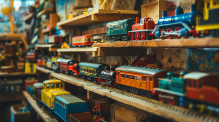 Naklejka premium A vibrant collection of model trains, beautifully displayed on wooden shelves, bringing a joyful nostalgia of childhood.