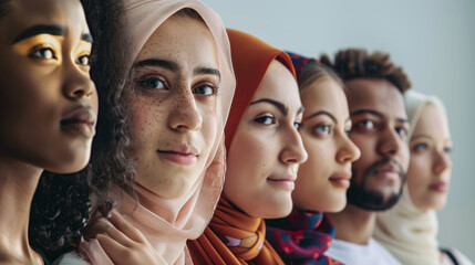 A diverse group of people stand side by side, showcasing unity and strength in diversity through their close-knit formation and confident gazes.