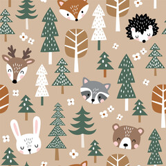 Seamless vector pattern with cute woodland animal heads, trees and flowers. Hand drawn illustration. Perfect for textile, wallpaper or nursery print design.