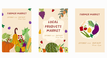 Set of local products farmer market and harvest festival posters vector flat illustration. Set of announcement for seasonal agricultural fair isolated. Promo template with place for text.
