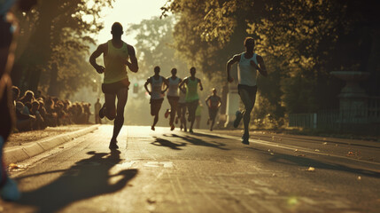 Fototapeta premium A group of runners in a marathon, illuminated by the golden morning light streaming through trees as spectators watch.