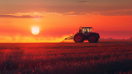 Fototapeta premium Tractor working in a field at sunset