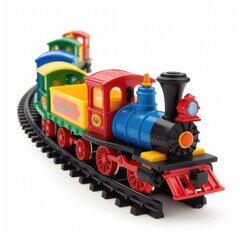 Fototapeta premium Classic Toy Train Set on White Background - Retro Vintage Locomotive and Carriages for Children's Playtime