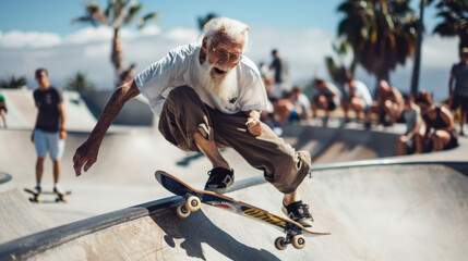 An elderly man with a white beard, captured mid-air while skateboarding at a lively skate park, draws attention and amazement from onlookers.