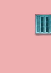 Vintage European pink wall with blue old window