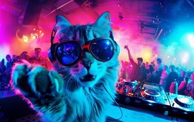 DJ cat mixing music at a vibrant nightclub
