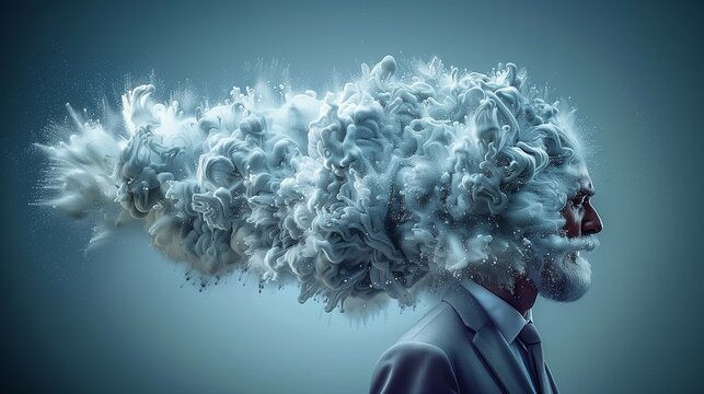 Man with exploding head made of white smoke,surreal creative photography,confused state of mind.