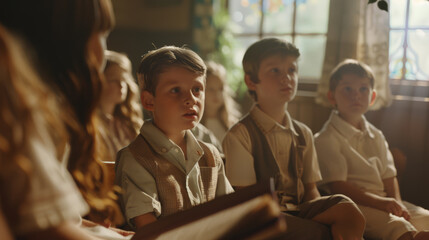A group of young children, dressed formally, attentively listens in a warmly lit classroom with sunlight streaming through the windows, filling the scene with a sense of curiosity and learning.