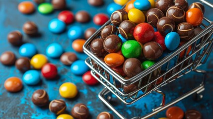 Miniature shopping trolley cart with assorted multicolored sweets placed near fallen sweets on a blue background.