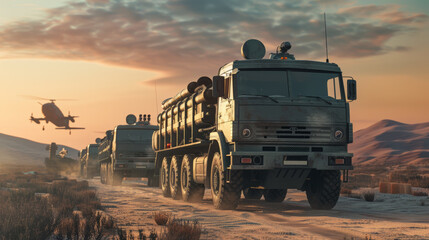 Fototapeta premium A convoy of military trucks drives through a snowy landscape at sunset, followed by a helicopter in the sky, creating an intense and dramatic scene highlighting coordination and strategy.