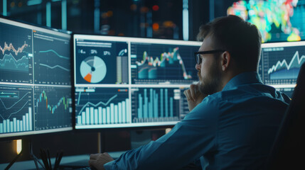 A concentrated man analyzing multiple data displays in a high-tech control room, illuminated by the soft glow of monitors.