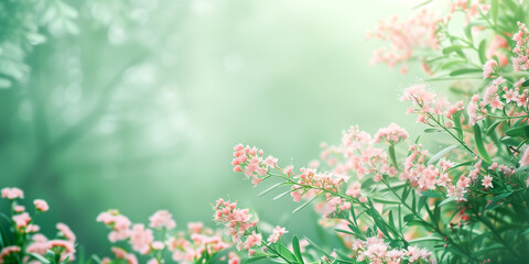 Fototapeta premium Beautiful pink flowers on green bokeh background with copy space