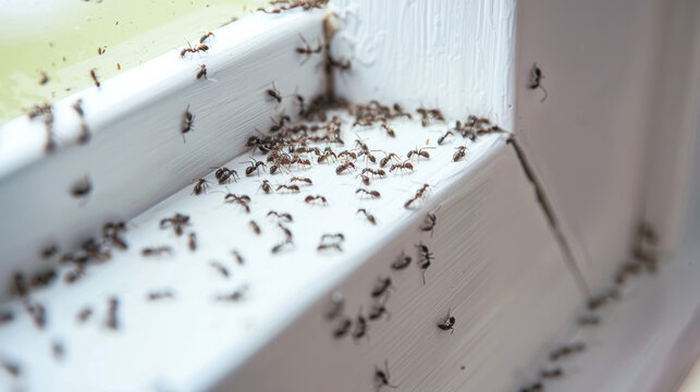 A multitude of ants crawling on a windowsill, their tiny bodies forming an intricate pattern against the white background.