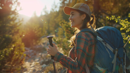 A cheerful woman hiking in a sunlit forest, holding a trekking pole and wearing a plaid shirt and baseball cap, exudes an adventurous and joyful spirit.