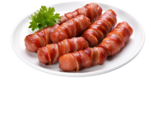 plate of bacons wrapped sausage isolated on white or transparent background,transparency 