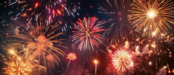 Brightly colored fireworks exploding in the night sky, captured from an eye-level angle, showcasing the sizzle and energy of the celebration,