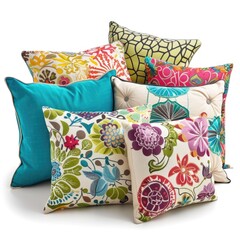 Collection of Colorful Decorative Pillows with Various Designs on White Background