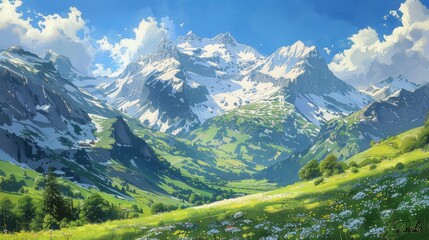 Obraz premium Alpine scene with snow-covered mountains, clear blue sky, and green valleys