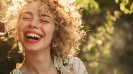 A woman with curly blonde hair and a bright smile laughs heartily in the golden glow of sunlight, surrounded by green foliage.