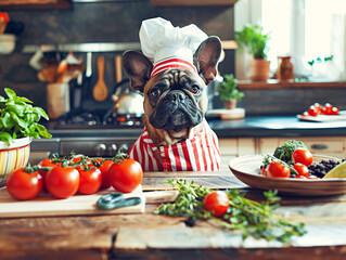French bulldog dog in a chef's cap in the kitchen. Artificial intelligence. 