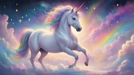 A dreamy pastel background of sparkling stars. In the foreground, a majestic rhino leaps gracefully, its brilliant white coat adorned with a rainbow-colored mane and tail.
