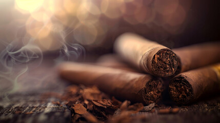 Three tightly rolled cigars with delicate bokeh lighting, producing an evocative and intimate atmosphere.