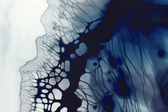 abstract dark blue and white ink drawing of lace mesh, close up, underwater photography with a double exposure, delicate details with translucent layers, veins, organic, photorealistic // ai-generated