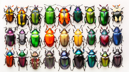 Obraz premium A vivid collection of colorful beetles arranged neatly, showcasing the diversity and intricate beauty of these insects.