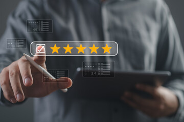 businessman give rating to service experience on online application, Customer review satisfaction feedback survey concept, Customer can evaluate quality of service leading to reputation ranking.